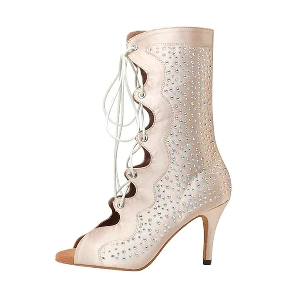 Sparkling luxury women's  rhinestone dance shoes boots  Lace Up Ballroom Latino Dance Shoes For Girls Salsa Ankle Dancing Shoes