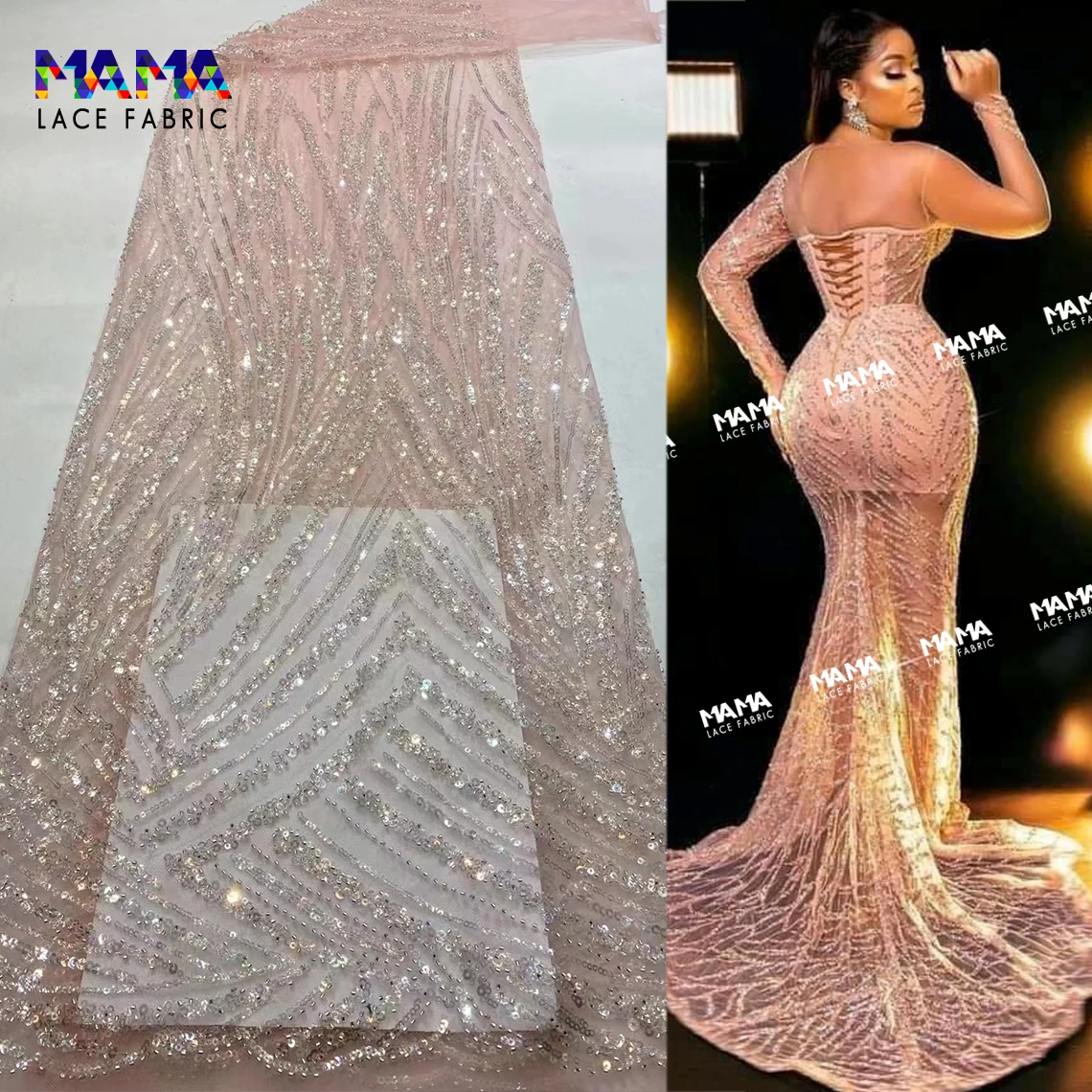 

5 Yards Luxury Pink Sequins Net Laces Guinea Embroidered Guipure Sequined Tulle Mesh For African Wedding Sewing Material