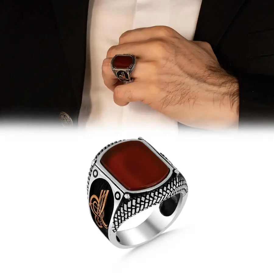 

Silver Ottoman Tughra Motif Men Ring Plain Model Claret Red Agate Gemstone Ring Sultan's Collection Handcarved Men Jewelery