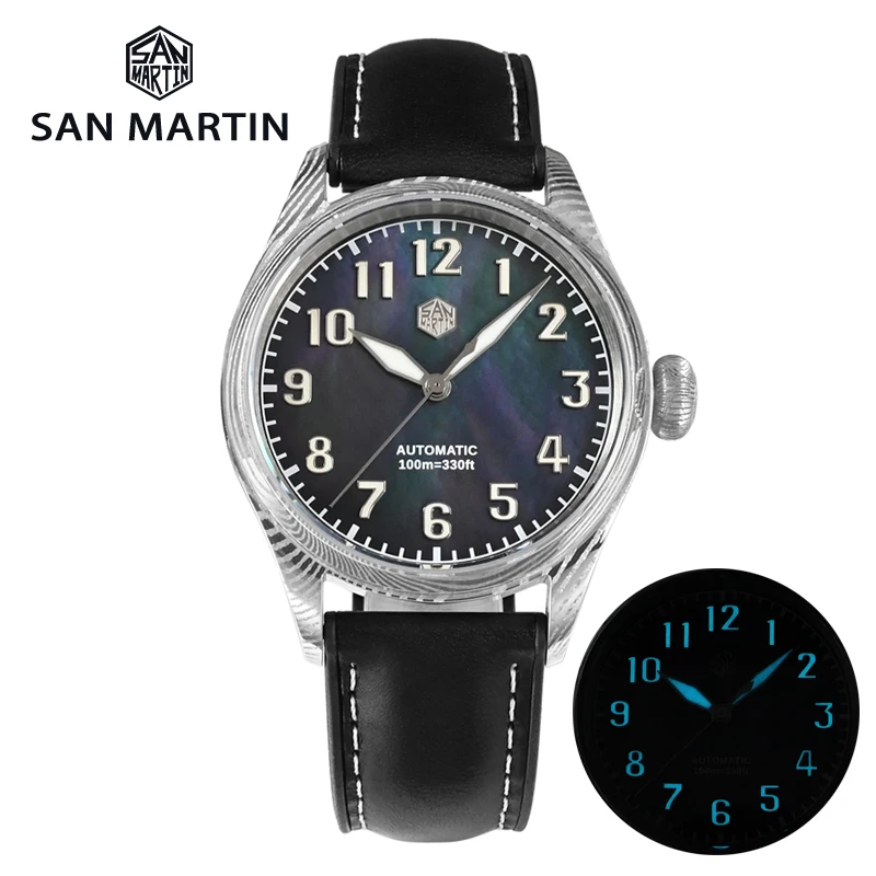 

San Martin Pilot Watch 39mm Limited Edition MOP Dial Damascus Steel Luxury PT5000 SW200 Automatic Mechanical Watch For Men