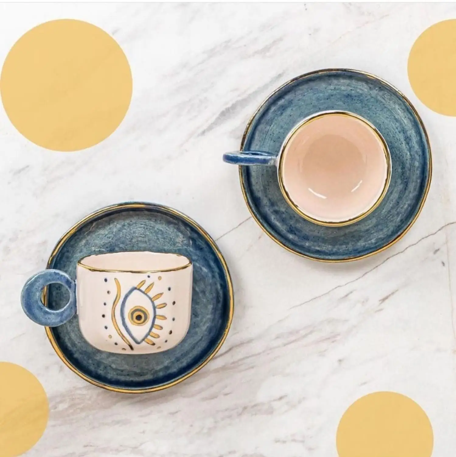 

Evil eye beaded Cup and saucer gold gilded Turkish coffee creative mugs white ceramic tea stylish new style cute lovely handmade