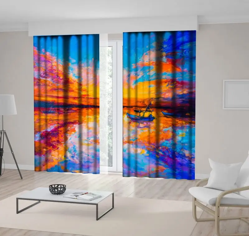 

Curtain Boat Colorful Sky Sunset Reflection on Sea Seascape Oil Painting on Canvas Art Printed Blue Orange Purple