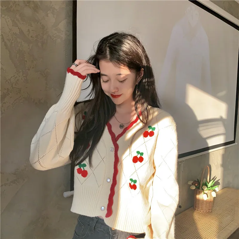 

2021 Embroidered Cardigans Knit Wear Sweet Puff Sleeve Short Mujer Chaqueta Autum Winter V Neck Cherry Sweaters Women Drop Ship