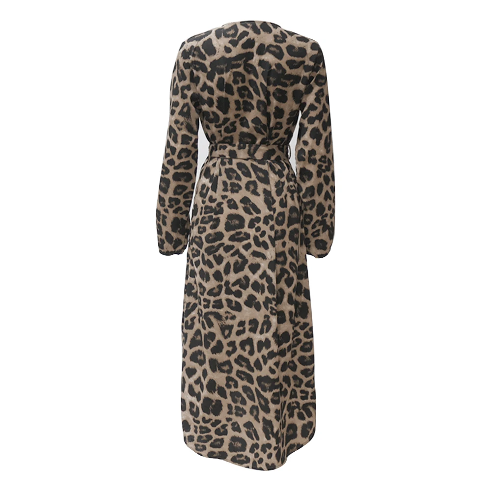 

Vintage Elegant Leopard Print Women Long Sleeve Dress 2021 Office Lady Leopard Sexy Deep V Neck A-line Party Evening Maxi Dress