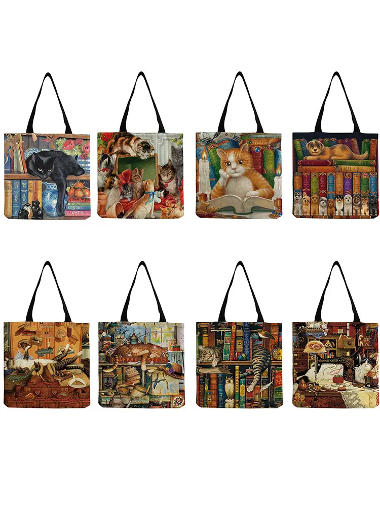 

Customize Oil Painting Cat Printed Womens Designer Tote Bags Eco Reusable Shopping Bag For Groceries Shoulder Bags for Lady 2021