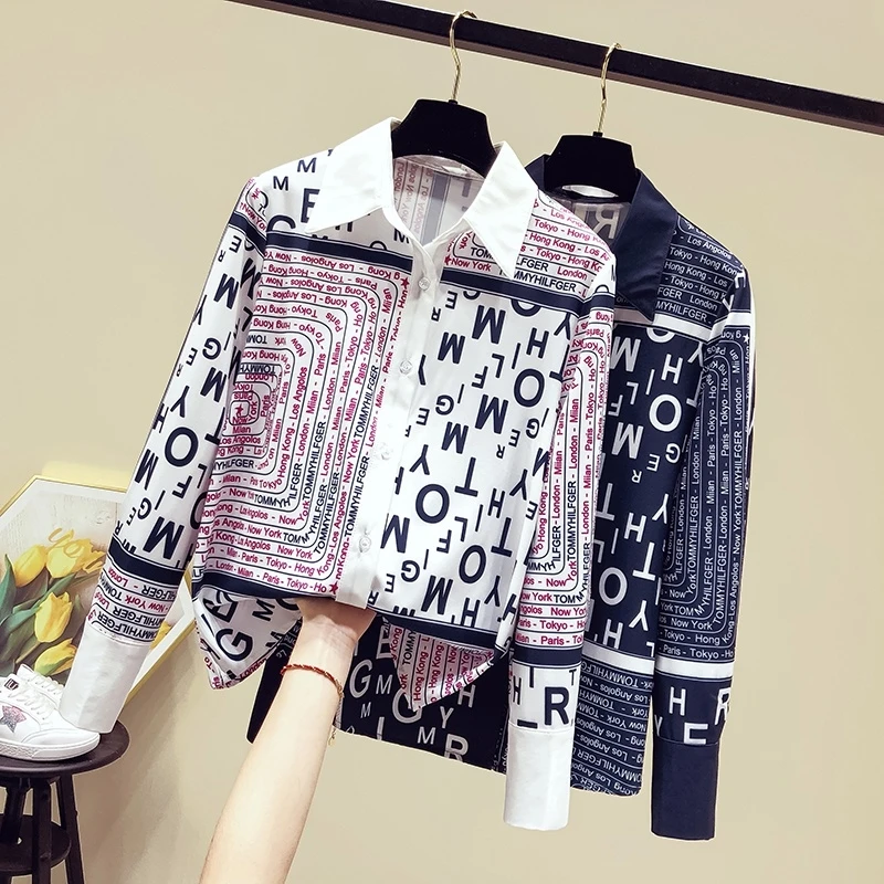 

2021 Hot Selling White Chiffon Blouse Geometric Letters Print Lady Casual Tops Spring POLO Collar Blue Women Shirt Blusas Mujer
