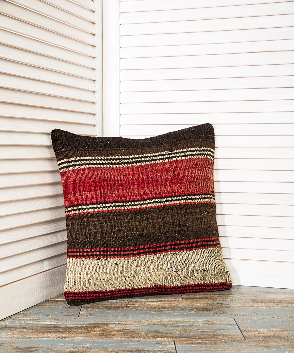 

40x40 Ethnic Turkish Cushion Cover, 16x16 Brown Pillow Case, Turkish Pillow Cover, Red Striped Pillow Case, Kilim Throw Pillow