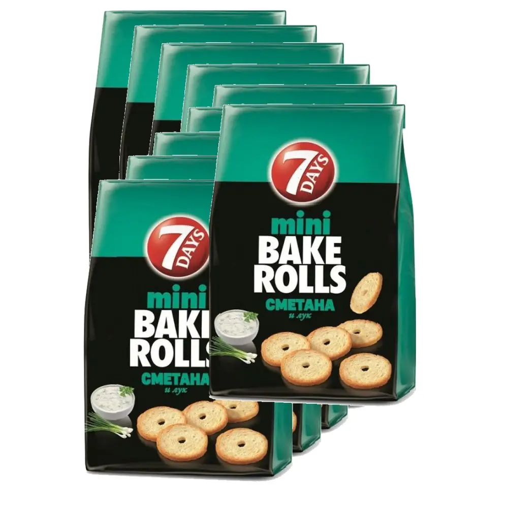 Сухарики мини 7DAYS Bake Rolls с приправой сметана и лук 80г 10 упаковок|Крекеры хлеб| |