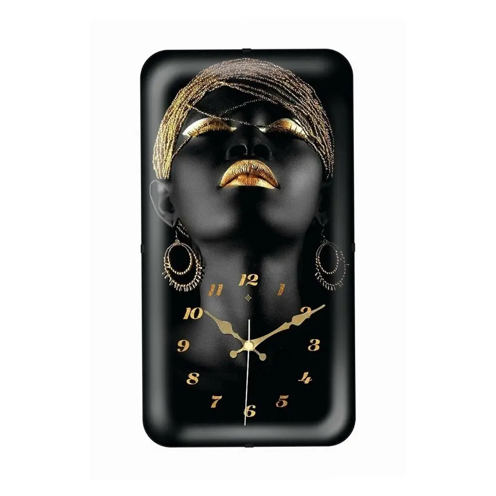 African Black Woman Wall Clock Yellow Colors With Earrings and Accessories High Quality Home Decoration Living Room Bedroom Gift