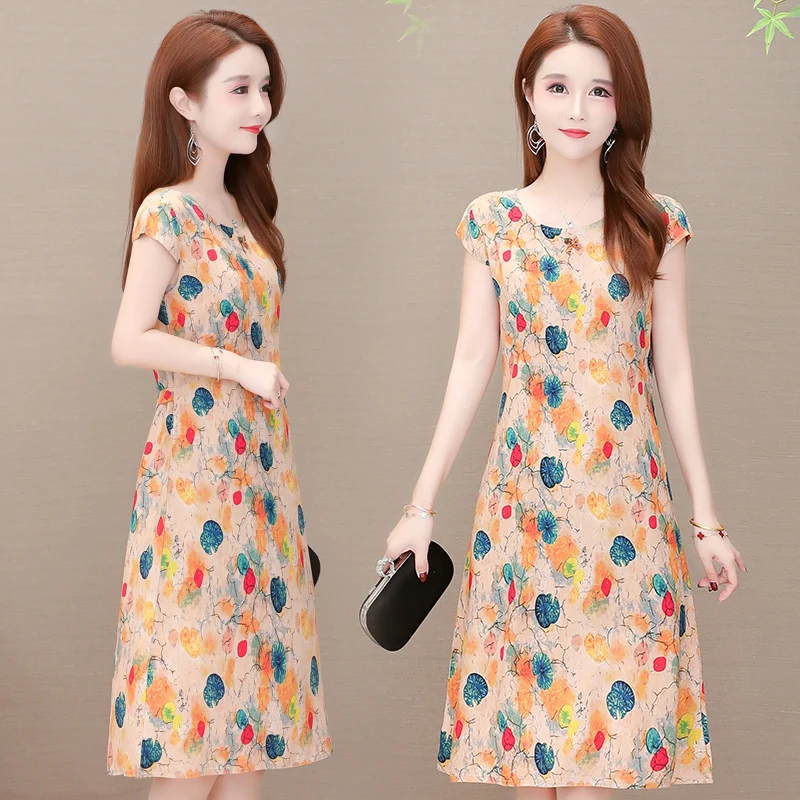 

Summer New Women Cotton Dress Floral Printed O-Neck Short Sleeve Casual Loose Vintage Dresses Plus Size 6XL Vestidos