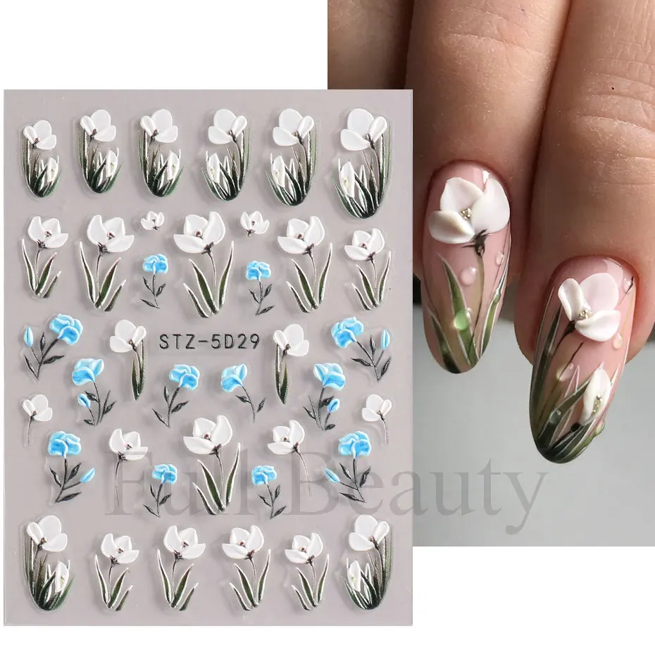 5D наклейки цветы для наклеивания на ногти рельефные дизайна ногтей летние