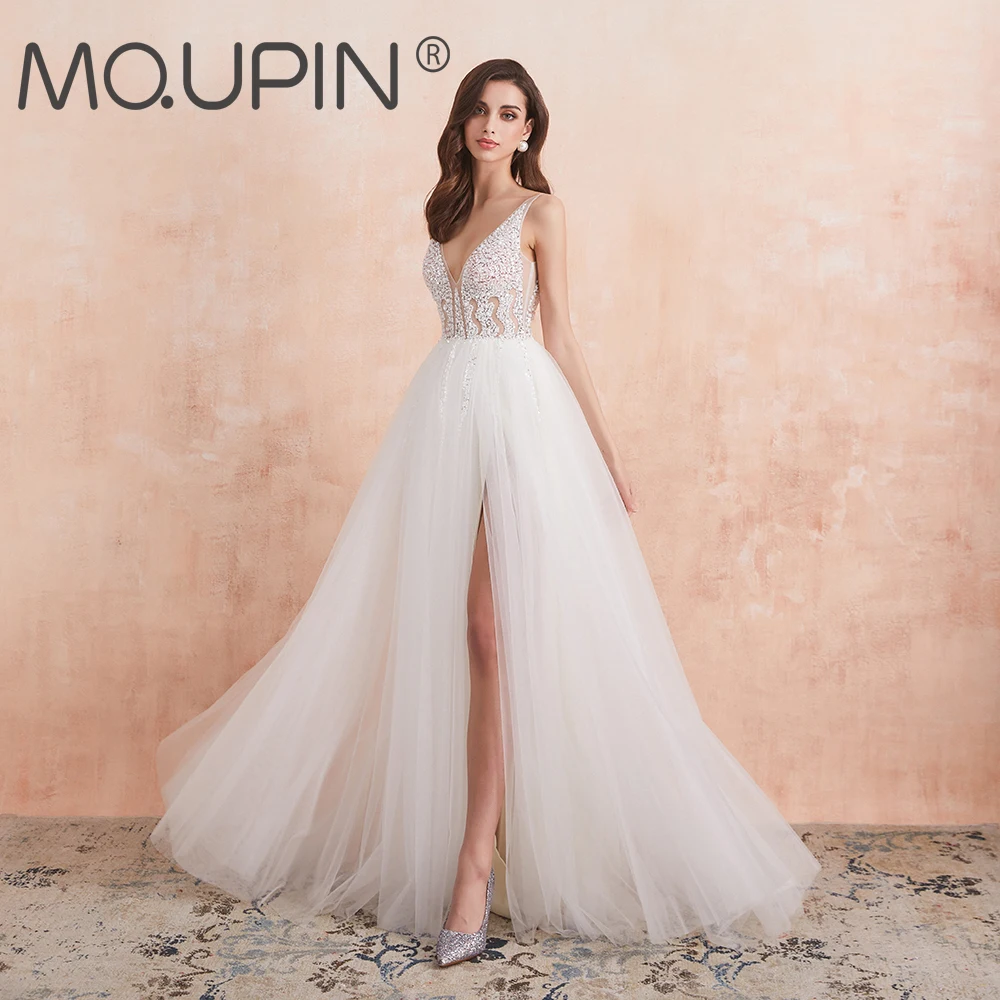 

MQUPIN свадебное платье с V-образным вырезом, белое, цвета слоновой кости, пикантное, с высоким разрезом, украшенное бусинами, ТРАПЕЦИЕВИДНОЕ, с ...