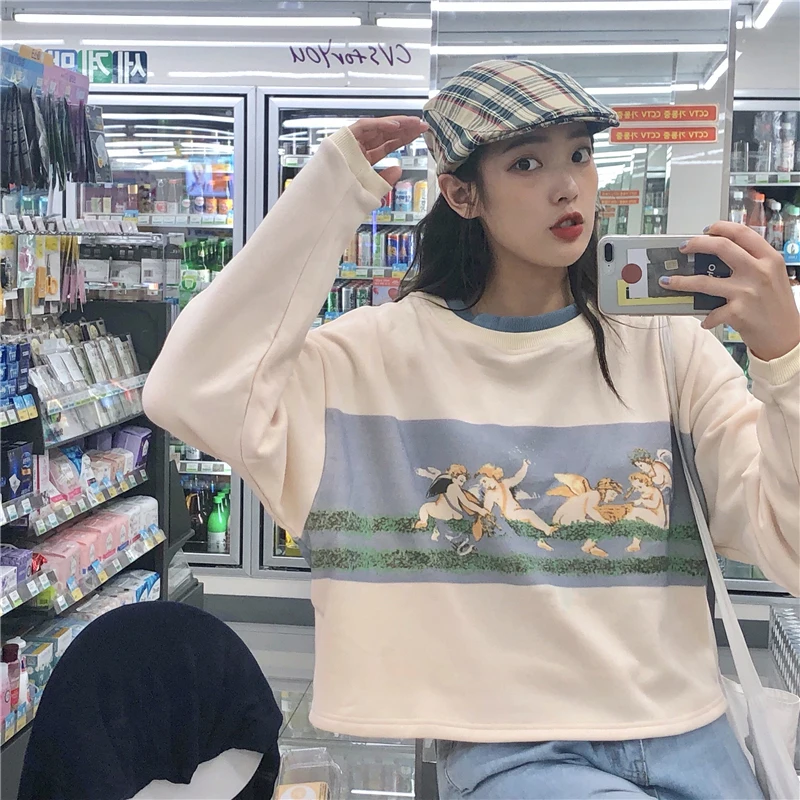 Ангелы мультфильм печати Harajuku Осень и зима толстый женский укороченный свитер корейский стиль свободный негабаритный пуловер