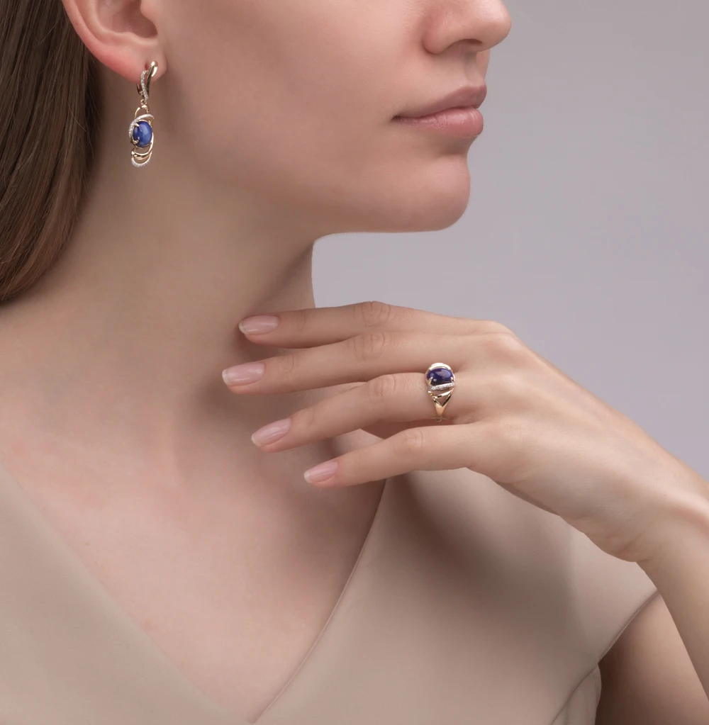 Золотые серьги с звездчатыми сапфирами и бриллиантами SUNLIGHT проба 585 | Украшения