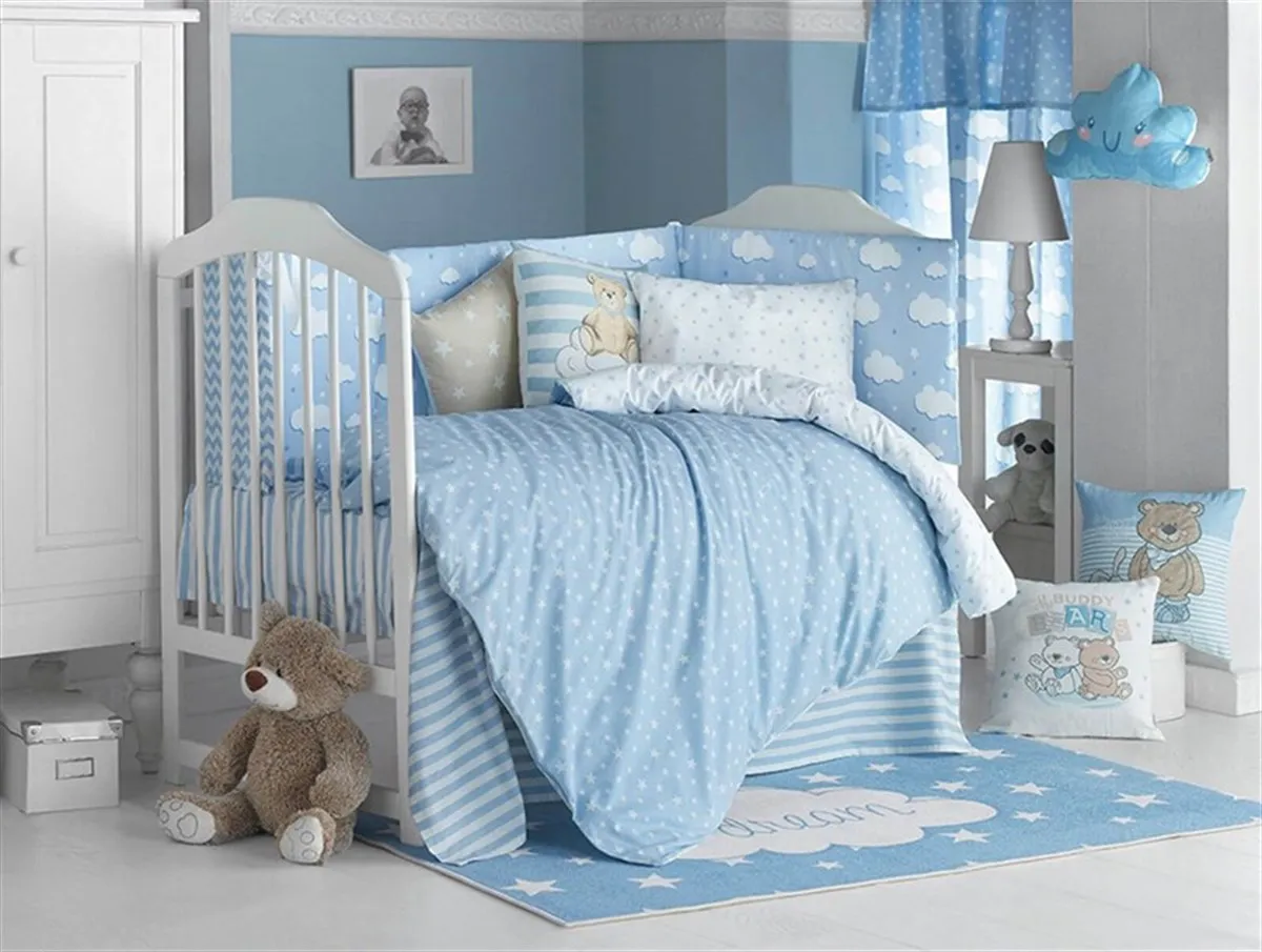 Jaju Baby Handmade Blue Design Baby Duvet Cover and Edge Protection, Baby Bed Sheet, Baby Pillow Cover, Crib Barrier Set