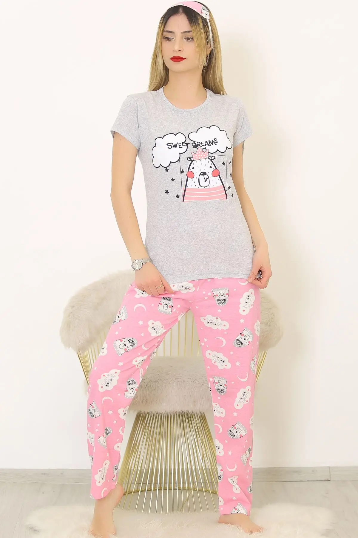 

2022 New Fashion Printed Casual Women's Pajamas Set Comfortable Short Sleeve Lycra Cotton Polyester Fabric Eye Tape Set Sleeping
