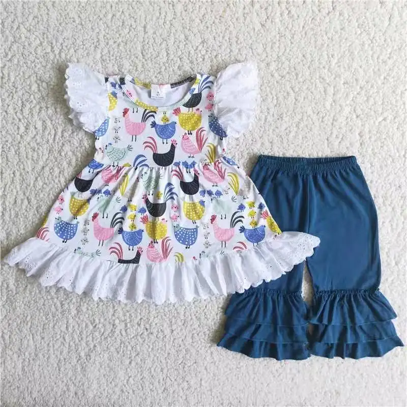 

children clothes 2 piece clothing set spring kids baby girl clothing set chicken flutter sleeve top blue pants outfit