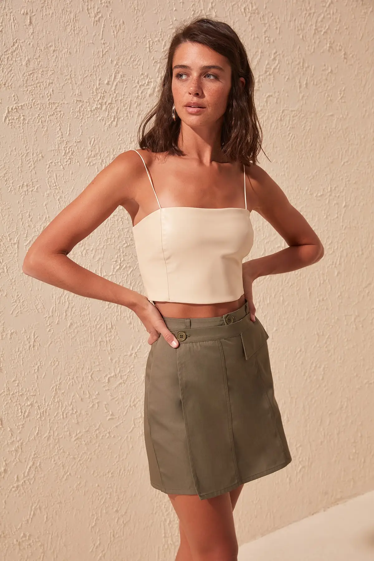 Trendyol хаки кнопка юбка с деталями TWOSS19XB0131 | Женская одежда