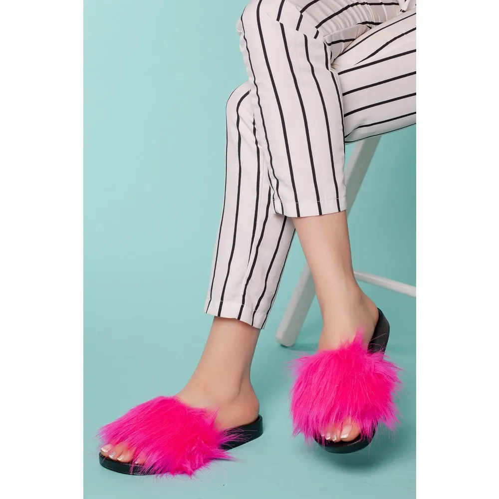 Women House Slippers Faux Fur Fashion Warm Shoes Woman Slip on Flats Female Slides Black Pink cozy home furry slippers sun