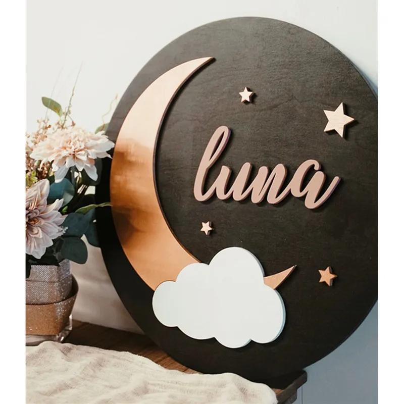 Персонализированные 3D круглый имя ребенка знак с Луной и звездами детские