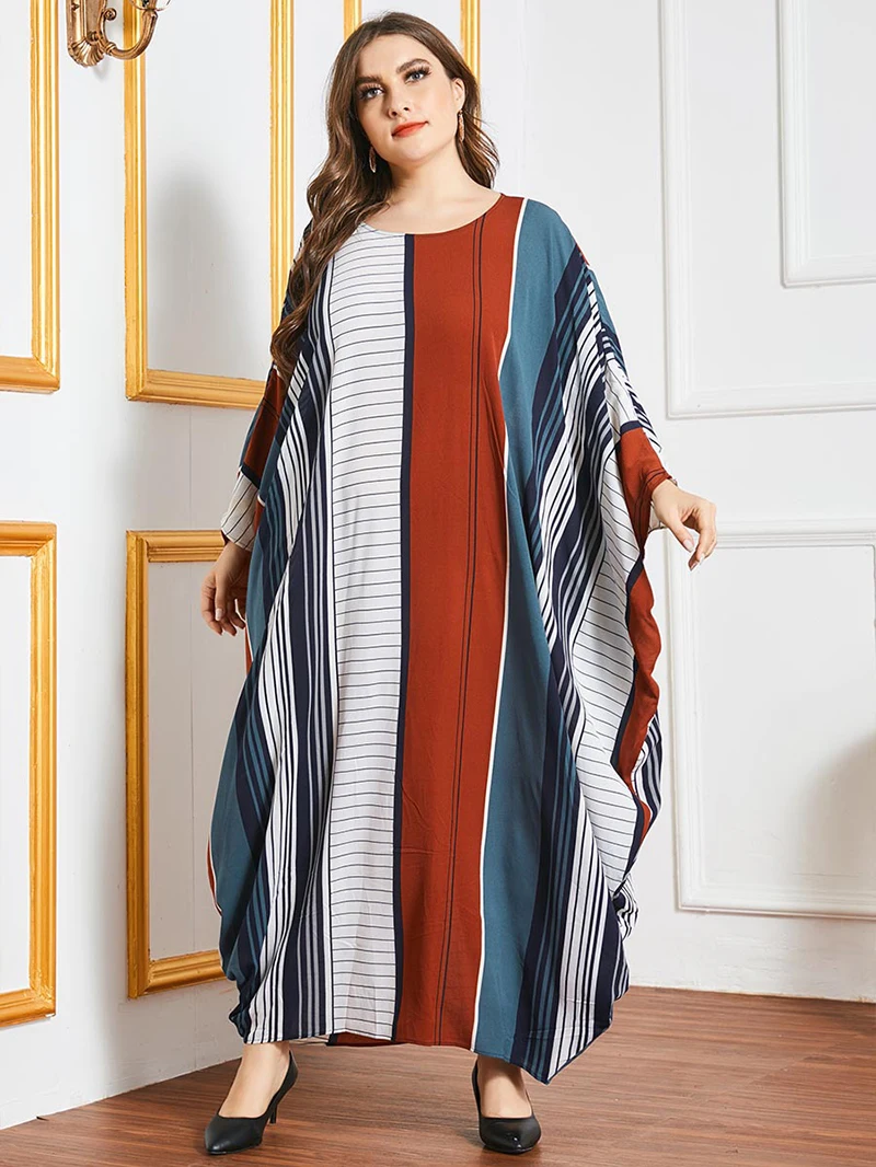 

Plus Size Women Multi Color Striped Printing Long Batwing Sleeve Muslim One Piece Dress