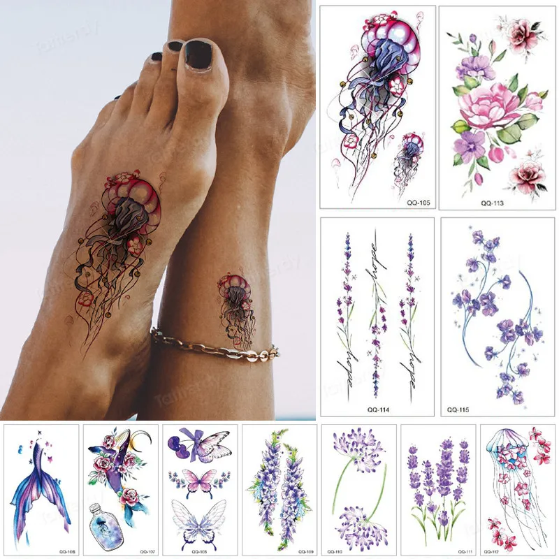 

12 шт./лот временная татуировка для женщин и детей маленькие цветы искусственная Татуировка наклейка на палец запястье Лаванда Роза ветки но...