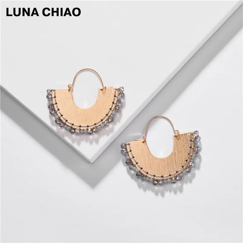 LUNA CHIAO модные ювелирные изделия для женщин веер бахромой серьги-кольца из металла стеклянные бусы плетеные Boho массивные серьги - Окраска металла: Grey