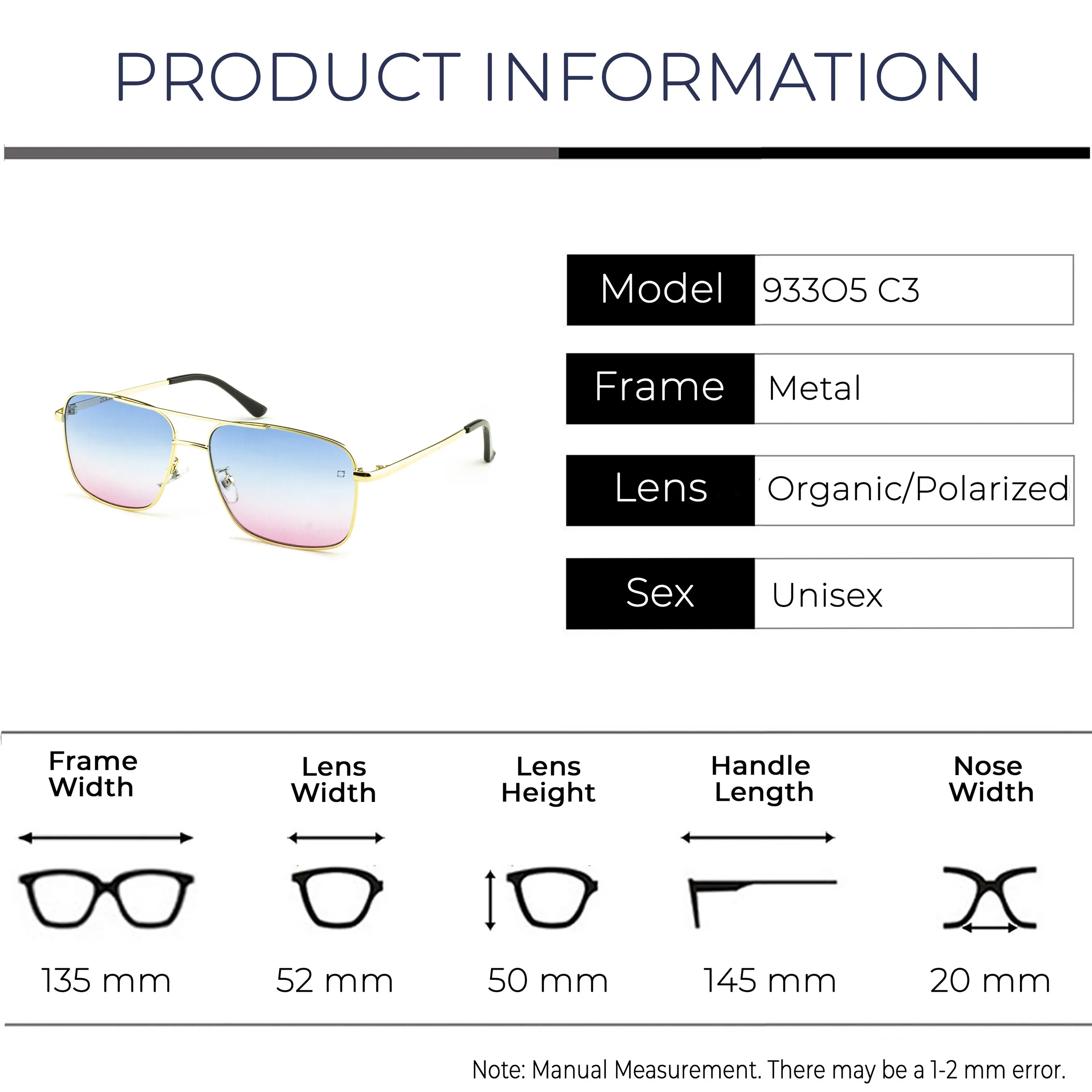 Солнцезащитные очки-Караван Zolo eyewear 93305 c3, золото/синий и розовый
