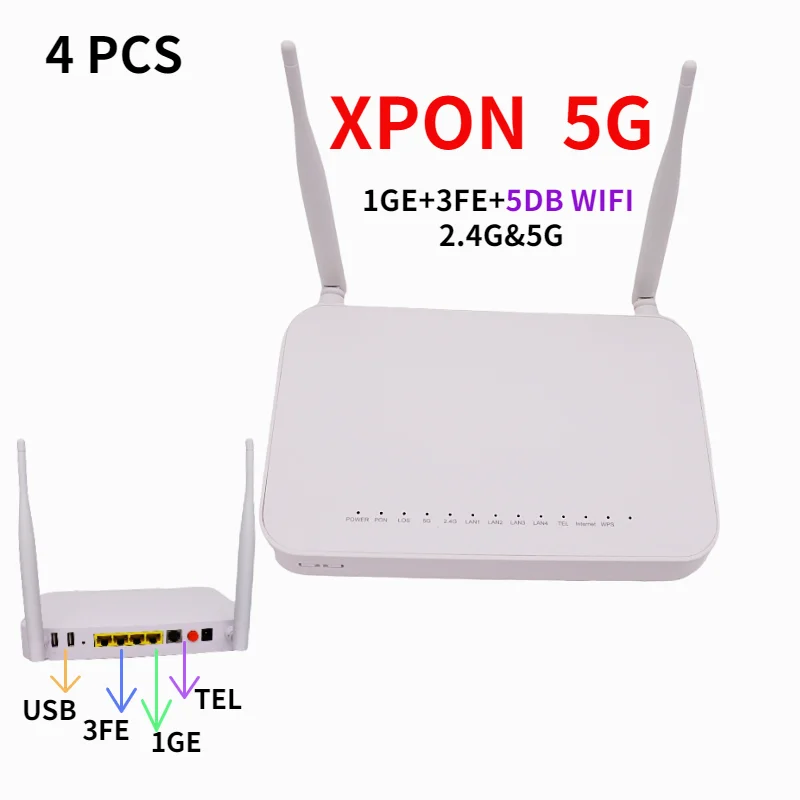 

4pcs 5G XPON ONU 1GE+3FE+5DB WIFI 2.4G&5G Dual Band optic fiber FTTH ONT xpon olt epon gpon English version without power
