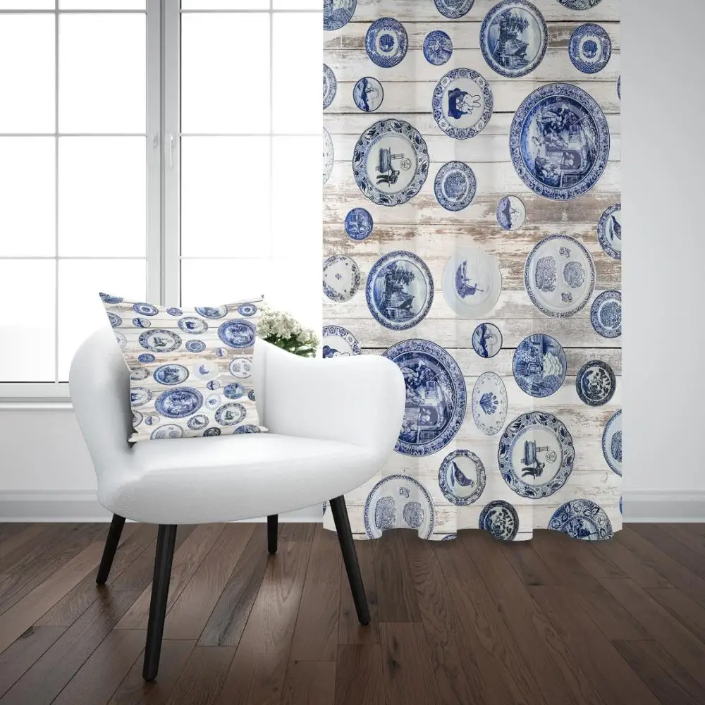 

Else Blue White English Vintage Design 3D Print Living Room Bedroom Window Panel Curtain Combine Gift Pillow Case