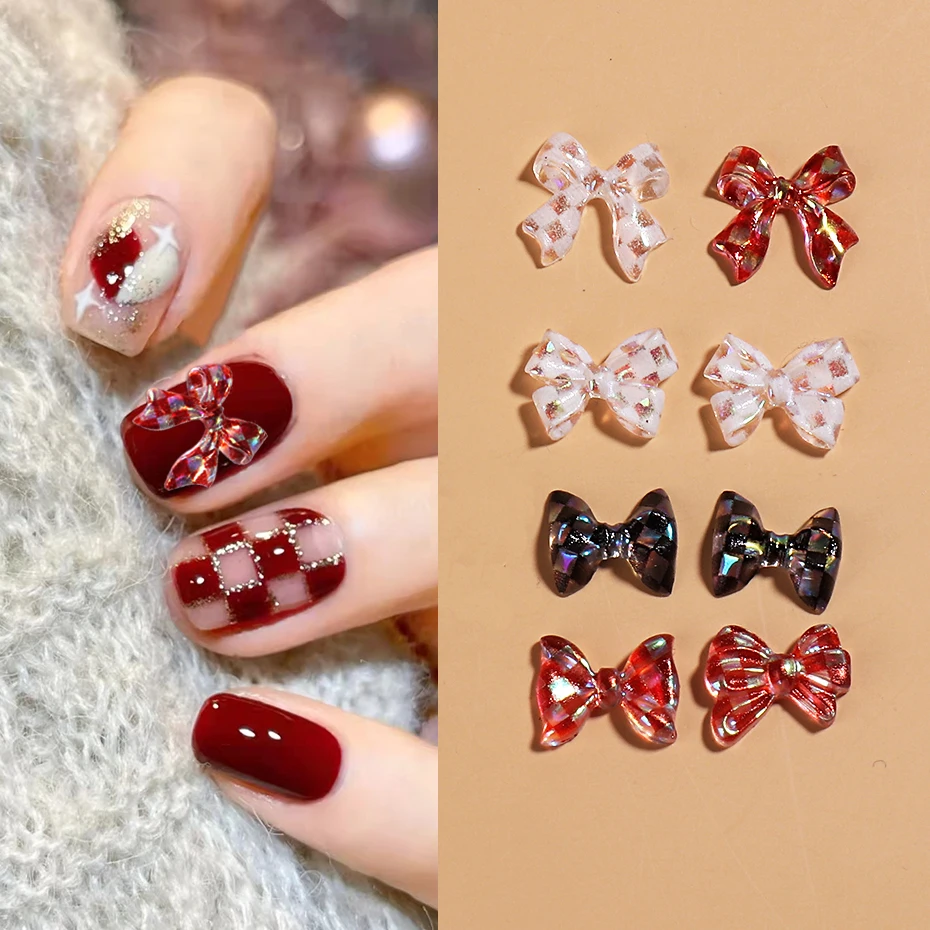 

Grid Lattice Design Bow-knot Nail Art Charms AB Red White Black Lady Rosette Gel Nails Polish Decors Manicure Accessories BEGZDJ