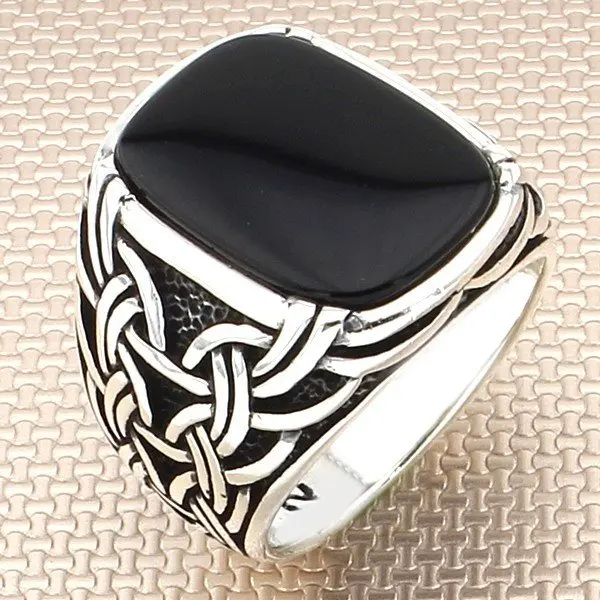 

Серебряное кольцо с цепочкой, прямоугольное черное кольцо из оникса, Сделано в Турции, однотонное зеленое серебро