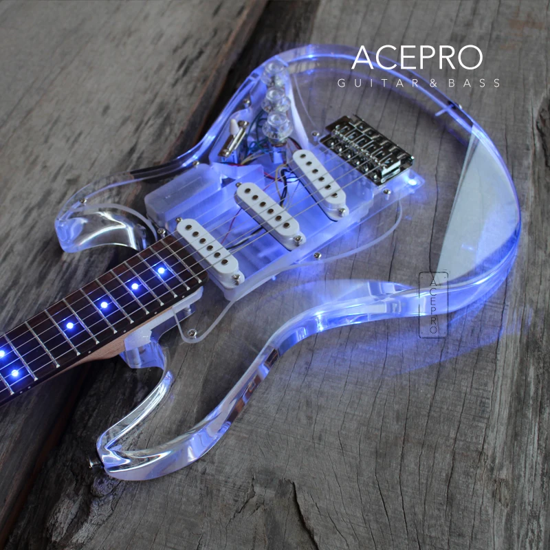 New Arrive Acepro LED Light Electric Guitar Acrylic Body Blue Transparent Pickguard &amp Knobs 3 Single Pickups Maple neck | Спорт и
