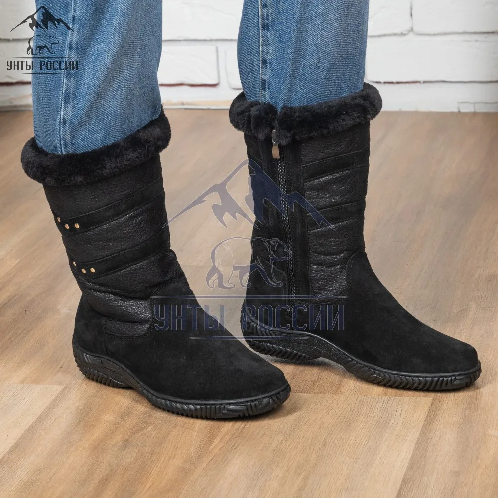 Сапоги зимние женские с замком натуральная замша и мех на овчине черный
