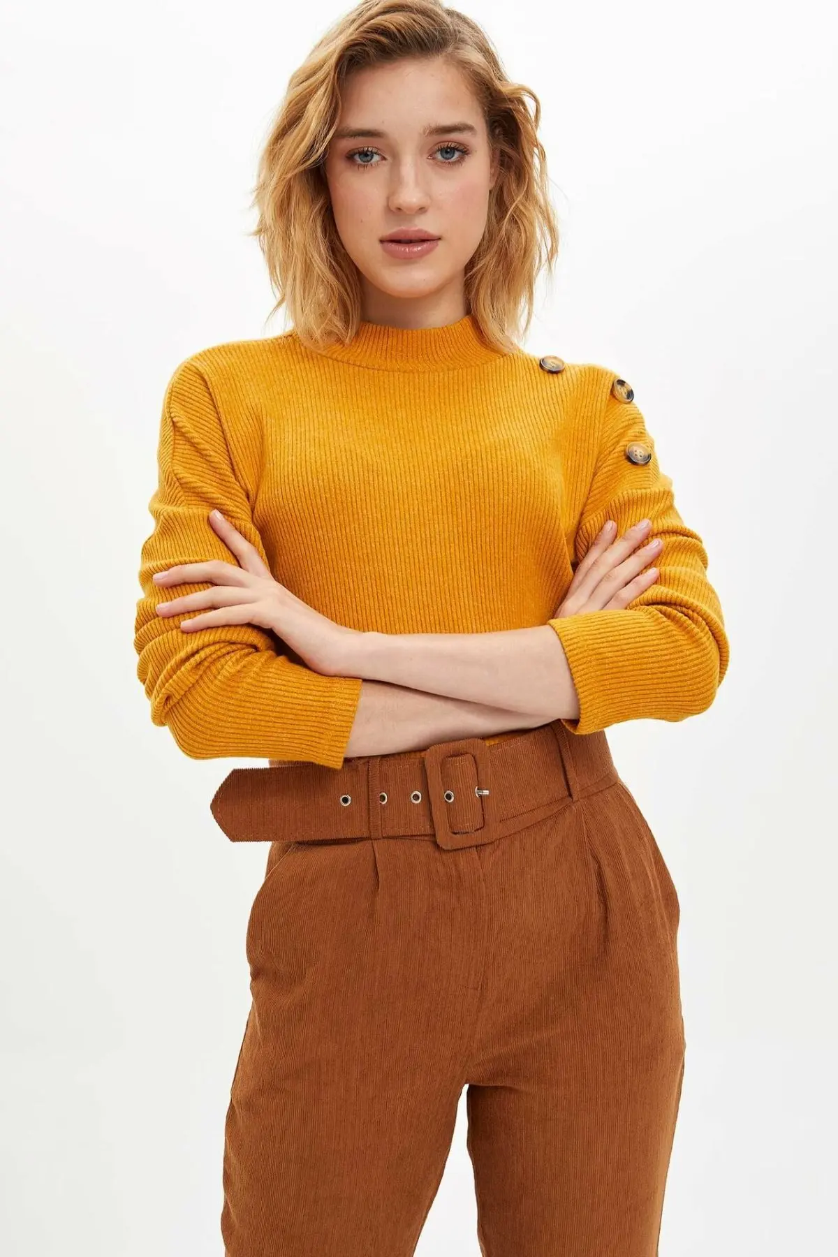 Дефакто женская желтая футболка с длинным рукавом зимняя трикотажная пуговицами