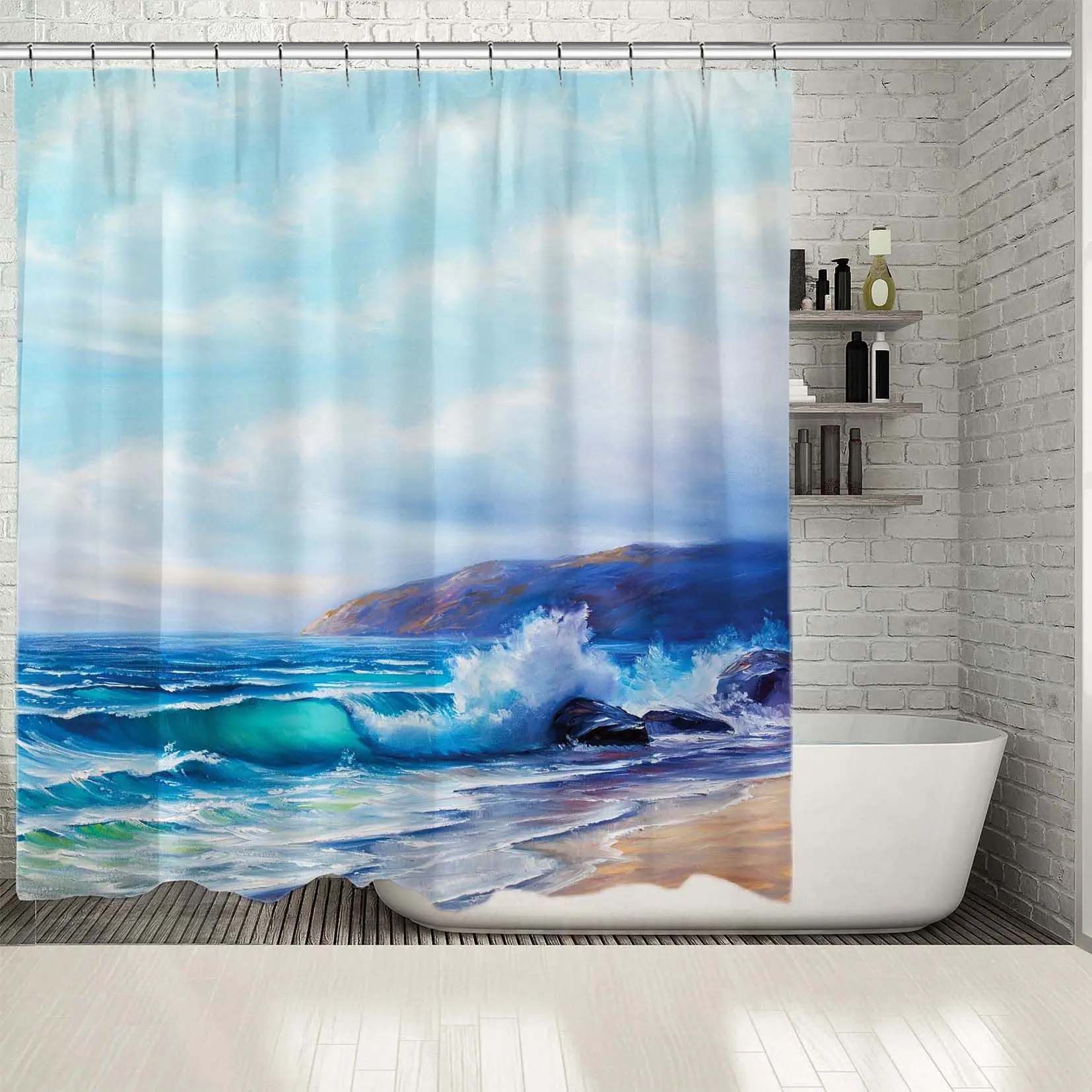 

Shower Curtain Tropical Beach Wavy Sea Exotic Nature Seaside Decorating Oil Painting Style Illustration Blue Beige