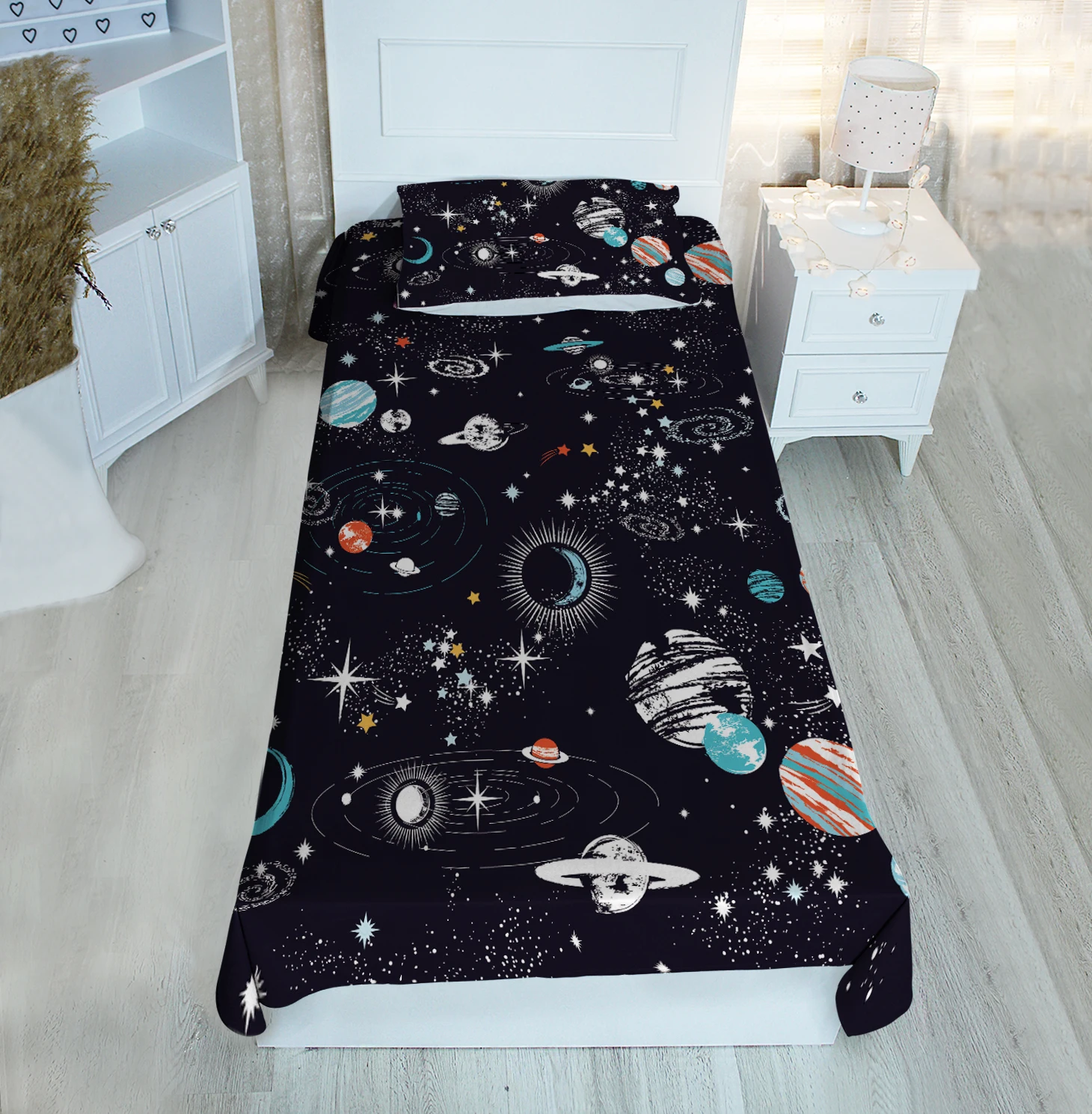 

Black single bed cover black space planet astronaut Moon star patterned velvet fabric Free Shipping quality product kids room
