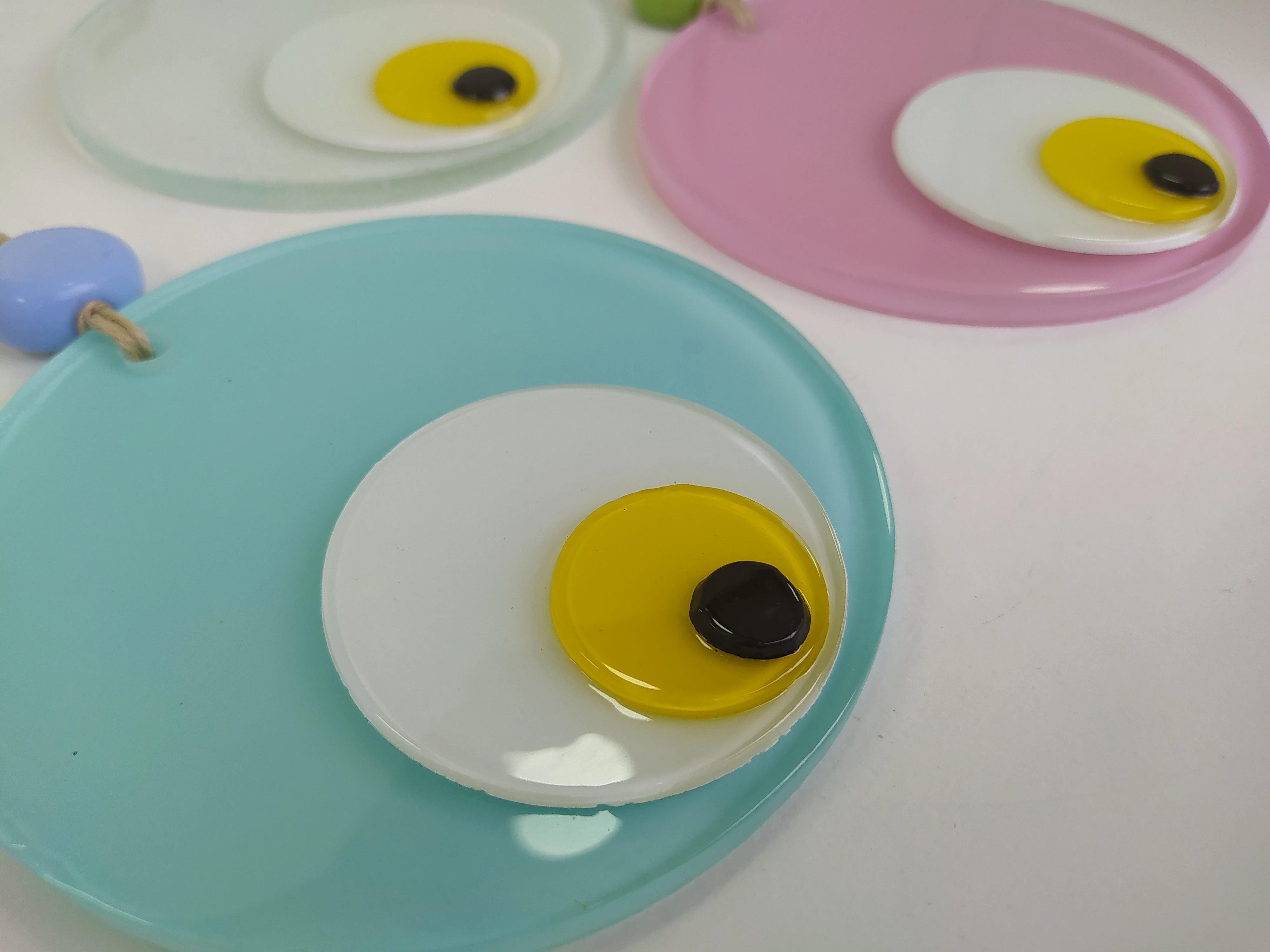 

Pastel Color Evil Eyes 12cm Fused Glass Beads Set of 3 Pendant Charm Turkish Handmade Big Amulet Wall Hanging Boho Home Decor