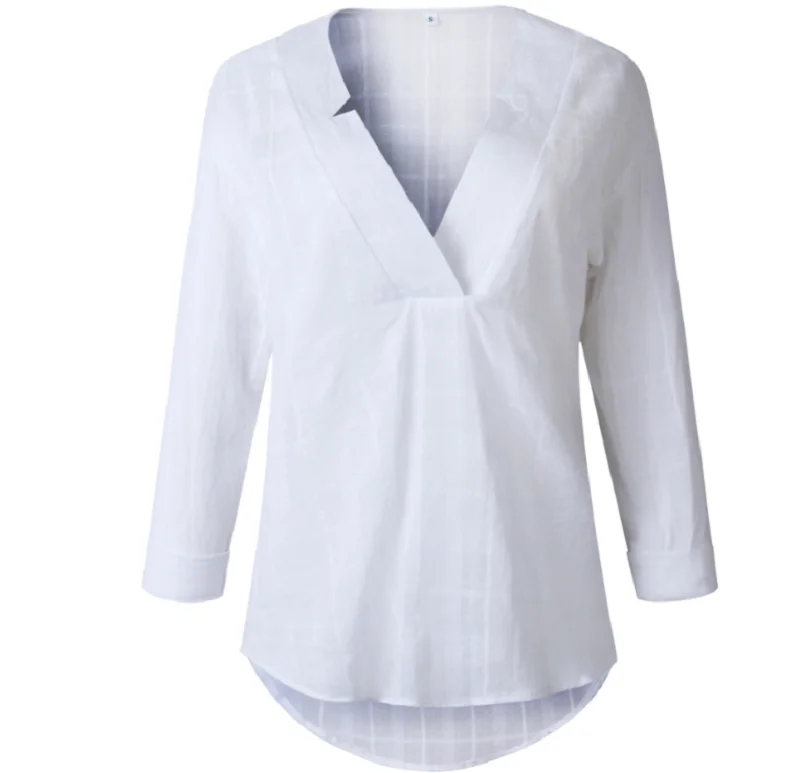 Women Cotton White Casual Top Long Sleeve Leisure Blouse Double V-neck Tops Lady Shirt | Женская одежда