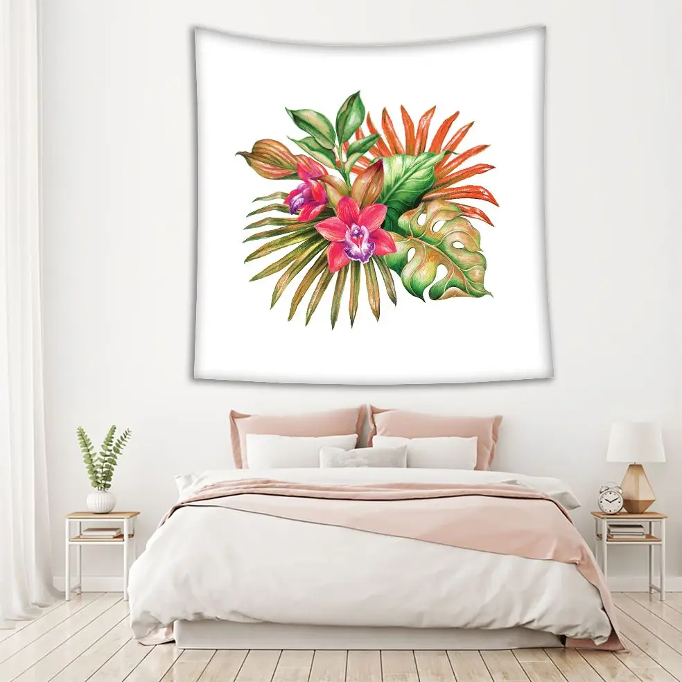 Гобелен тропический букет с большими листьями цветы орхидеи ботанический