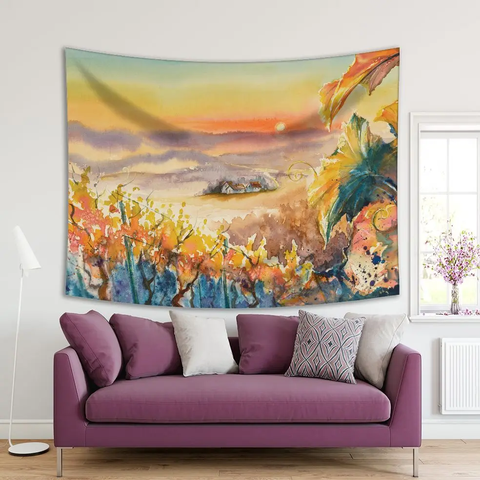 Гобелен закат лошадь виноградник Styrian Тоскана Австрия Акварельная живопись в