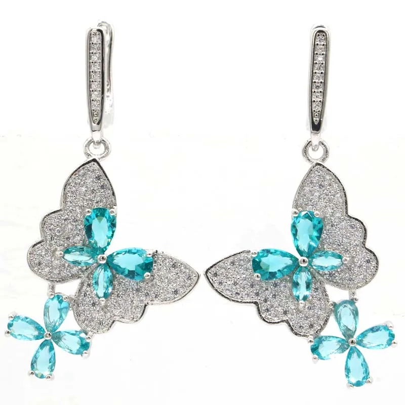 

47x21mm Deluxe Big Butterfly Created Rich Blue Aquamarine CZ Bright Zircon Woman's Dating Silver Earrings