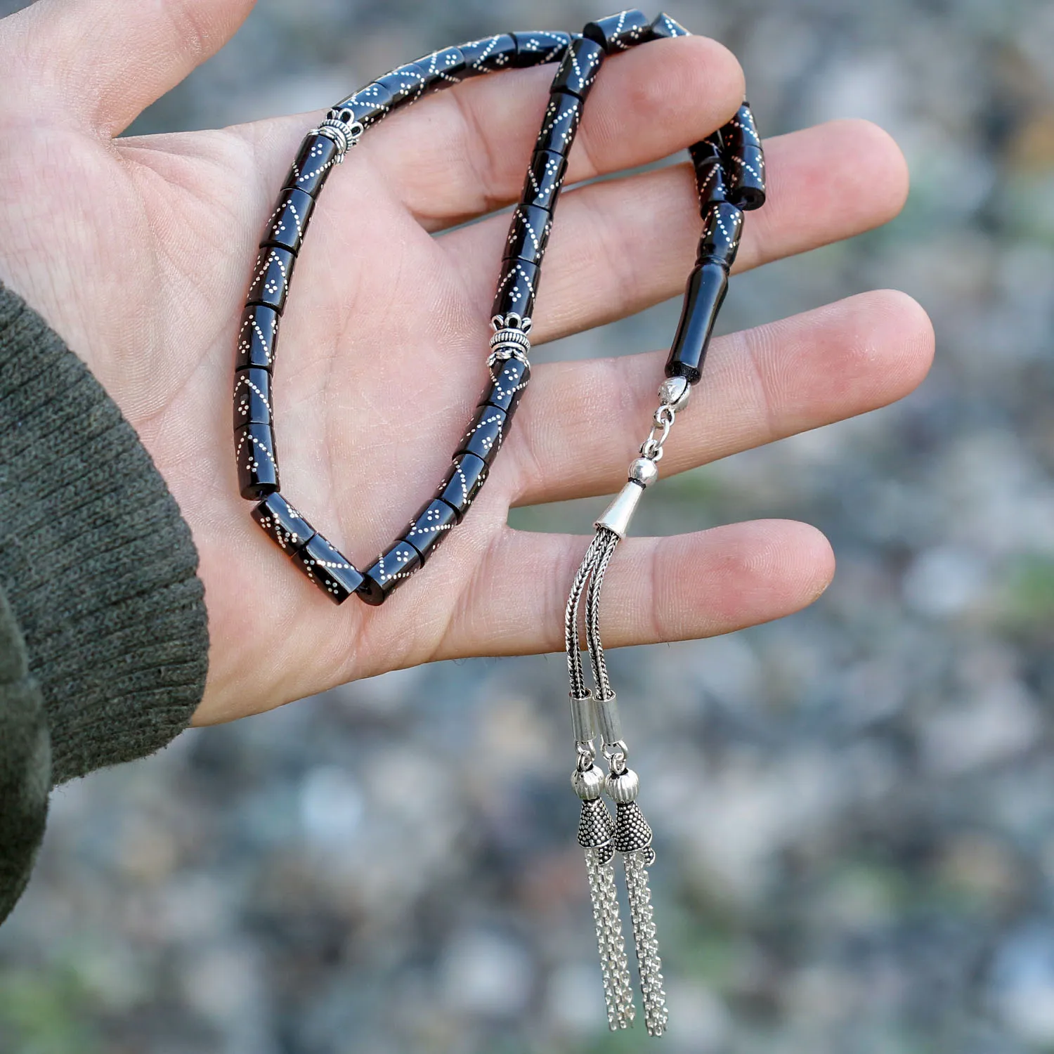 

Cut Model Silver Inlaid Oltu Stone Tasbih Fashion Turkish Premium Quality Handmade Jawelery