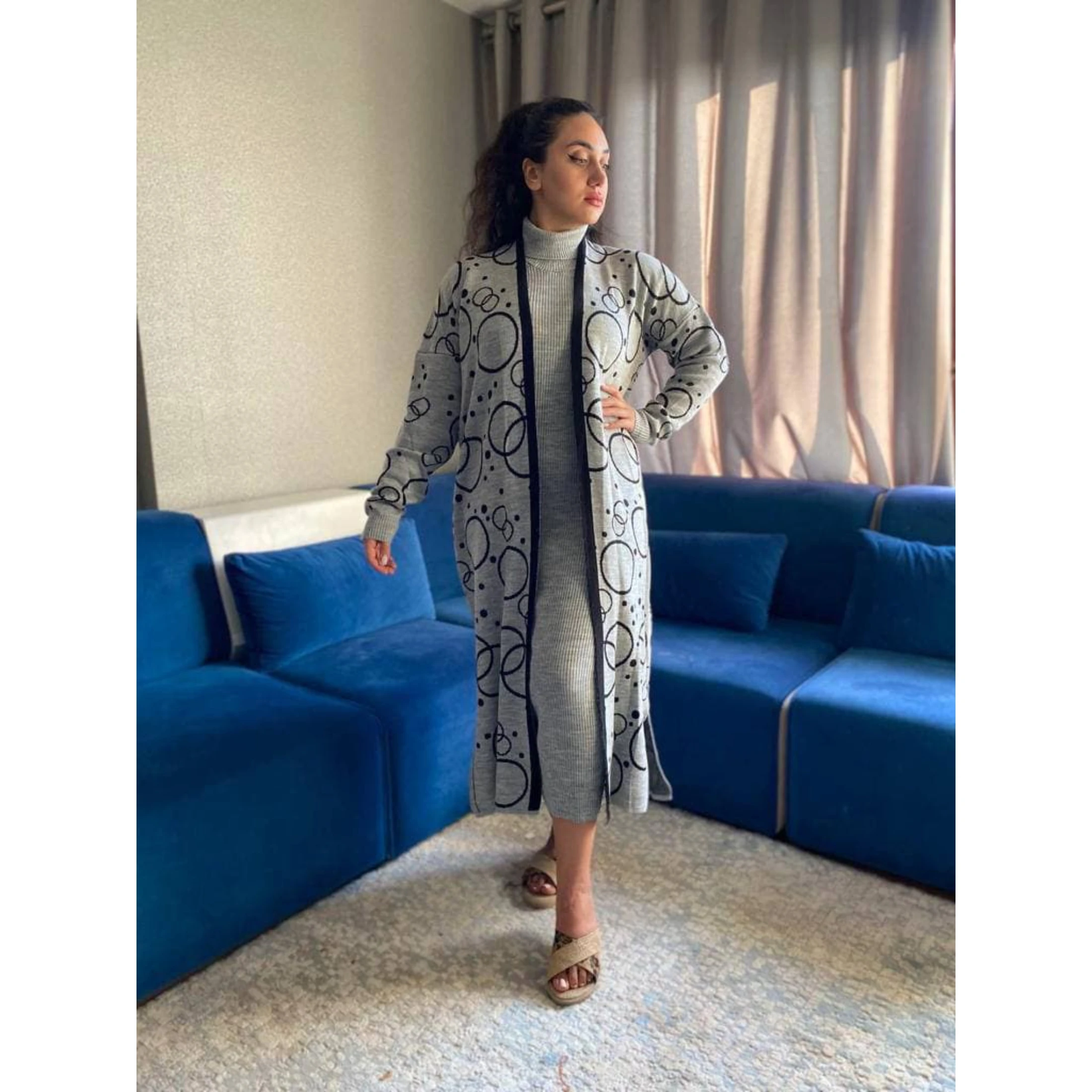 

2 Piece Women's KnittedSet Turtleneck Long Sleeve Knitwear Dress and Bubbles Pattern Cardigan Muslim Fashion 2021 Winter Autmn