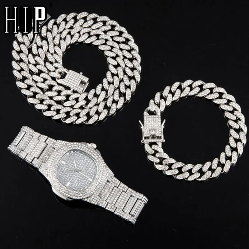 Necklace +Watch+Bracelet Hip Hop Miami Curb Cuban Chain Silver Color Full Iced Out Paved Rhinestones CZ Bling For Men Jewelry