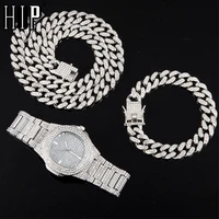 necklace watchbracelet hip hop miami curb cuban chain silver color full iced out paved rhinestones cz bling for men jewelry