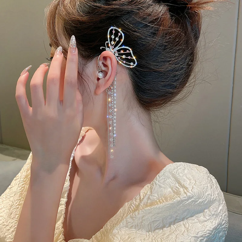 

Korean Long Tassel Butterfly Ear Clips Without Piercing For Women Sparkling Zircon Ear Cuff Clip Earrings Wedding Party Jewelry