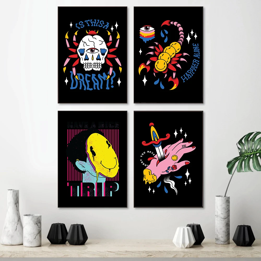 Рисунок на холсте с татуировкой в стиле Триппи психоделический Скорпион череп