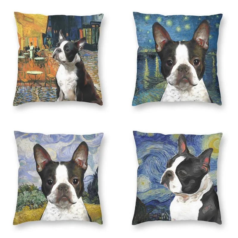 

Чехлы для диванных подушек Boston Terrier с изображением собаки Ван Гога, искусство, кафе, террасы в Звездном роде, квадратный чехол для телефона, украшение для дома