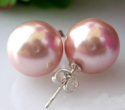 

New Style Unique Design AA Shell Pearl Earring 12mm Round Pink South Sea Shell Pearl Stud Earring S925 Silver Fine Jewelry